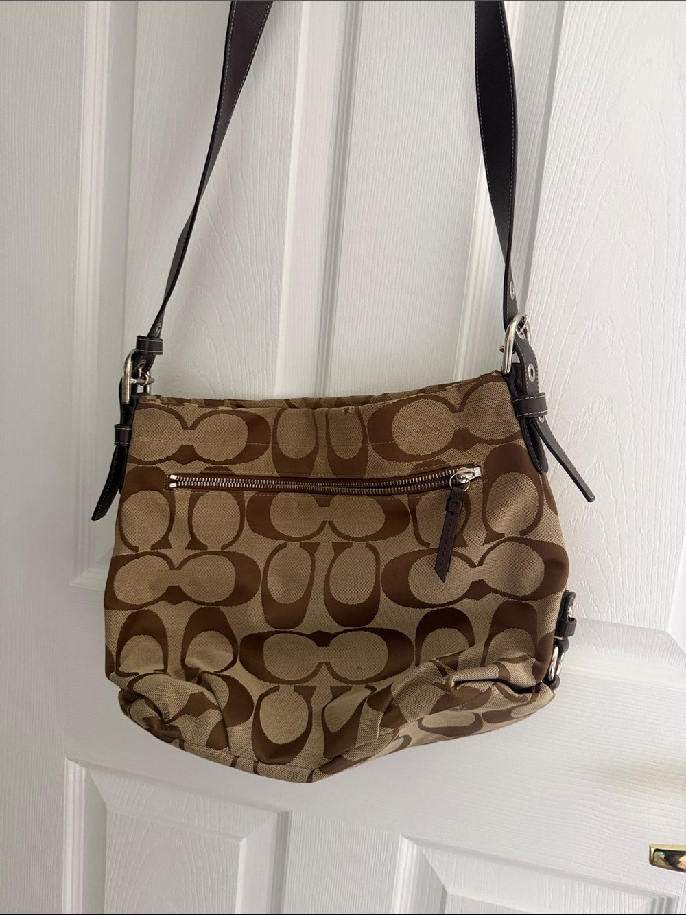 Coach Brown Signature Canvas Shoulder Bag with Dark Brown Trim
